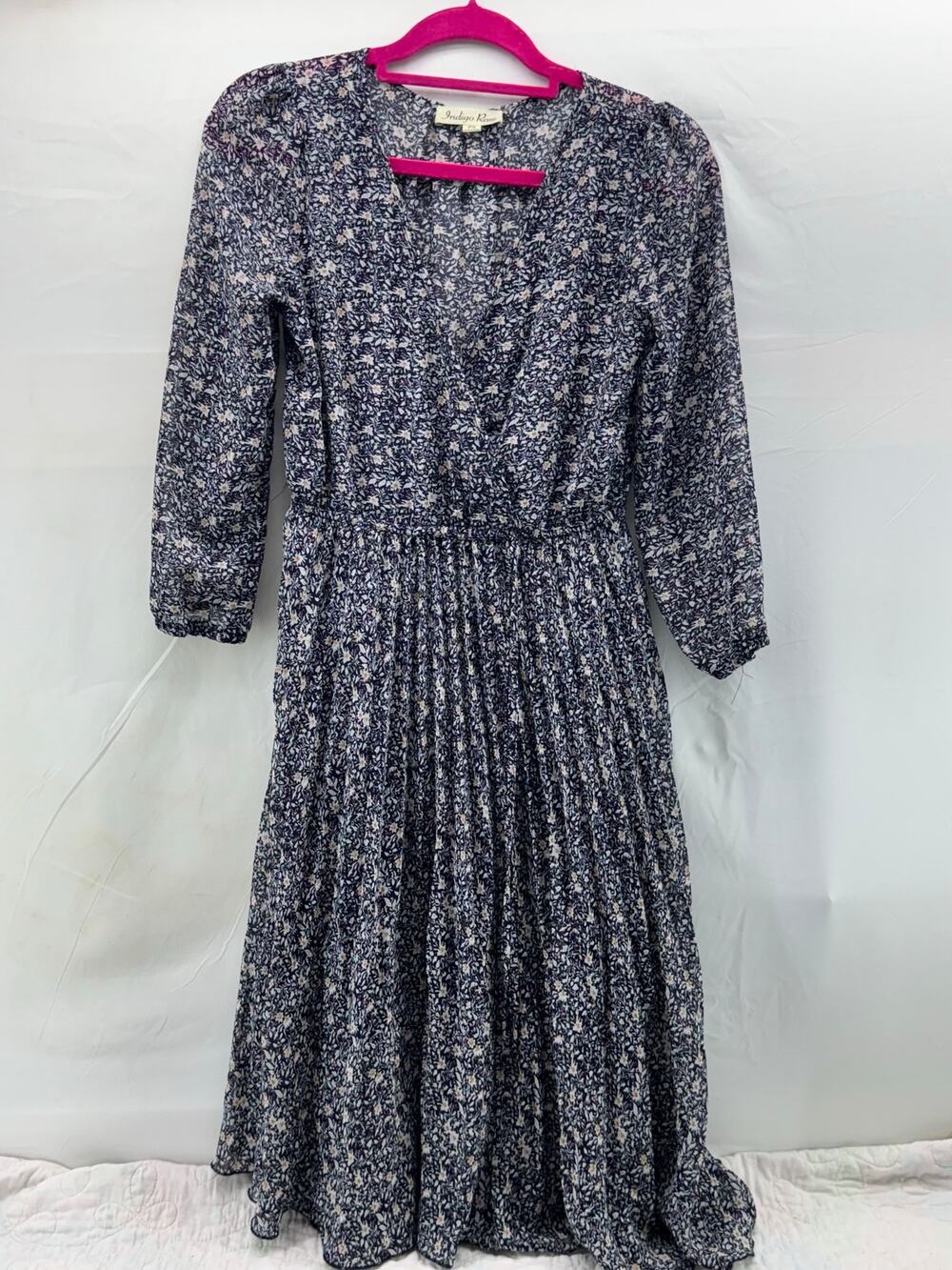 Indigo Rose PS women’s pleted blue, and white floral  cottagecore midi dress
